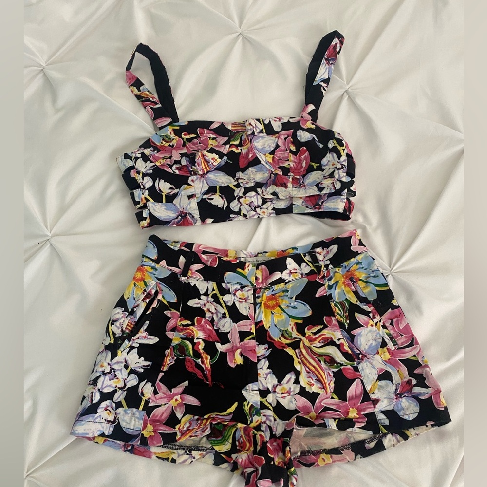 Lucca Couture Black Floral Crop Top & Shorts Set with Pink, Blue, Yellow Accents
